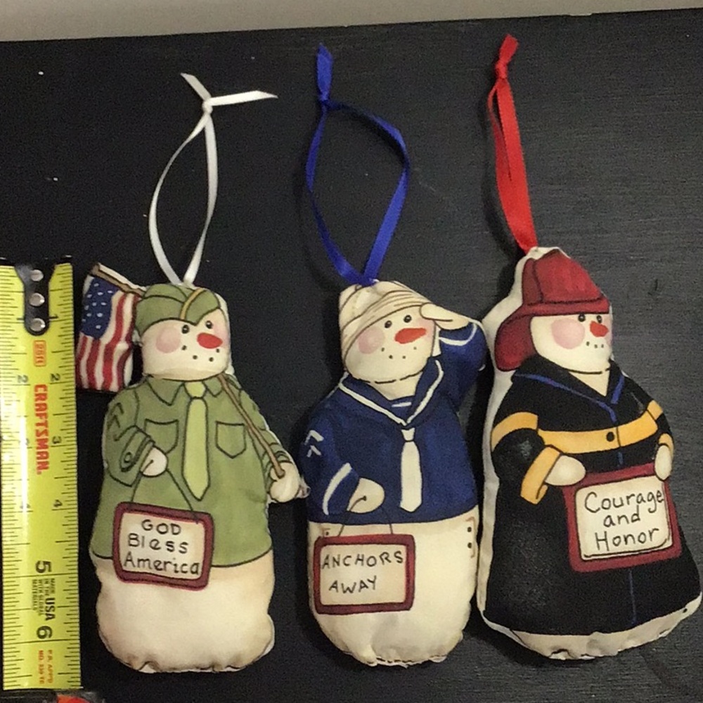 Vintage Set of 3 Handmade Fabric Toy Ornaments 6.5” Army, Navy & Fireman